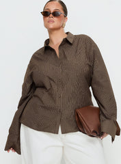 Xinia Tie Waist Long Sleeve Shirt Brown Check Curve