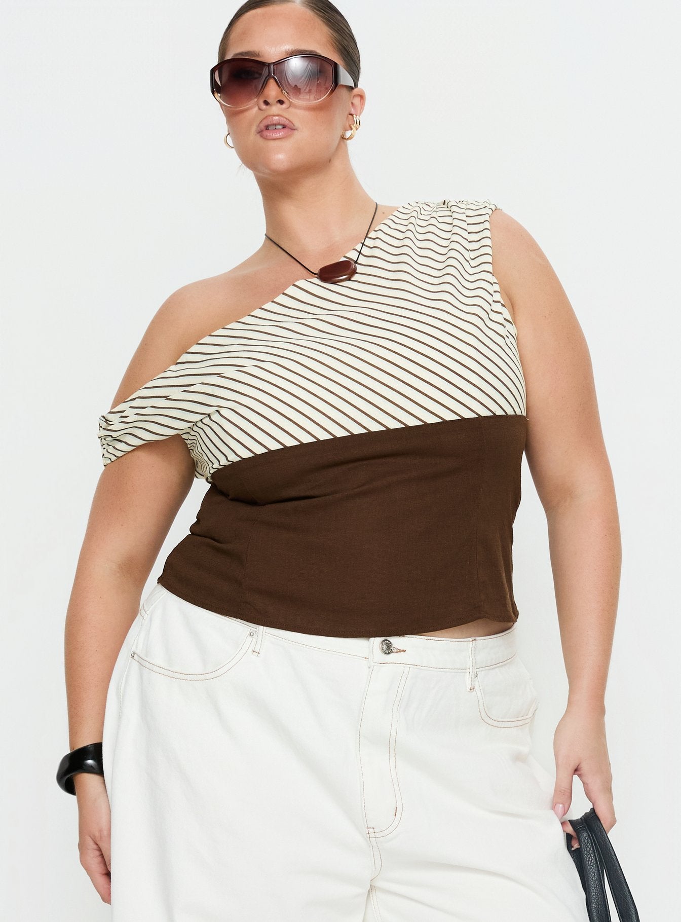 Past Life One Shoulder Top Brown / Stripe Curve