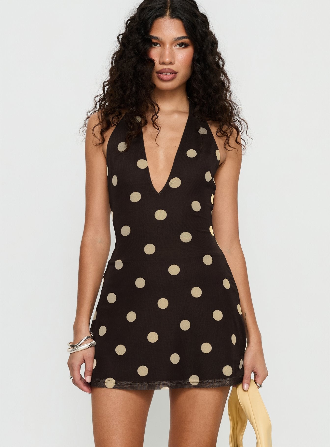 Hollywood Hills Plunge Neck Romper Brown Polka