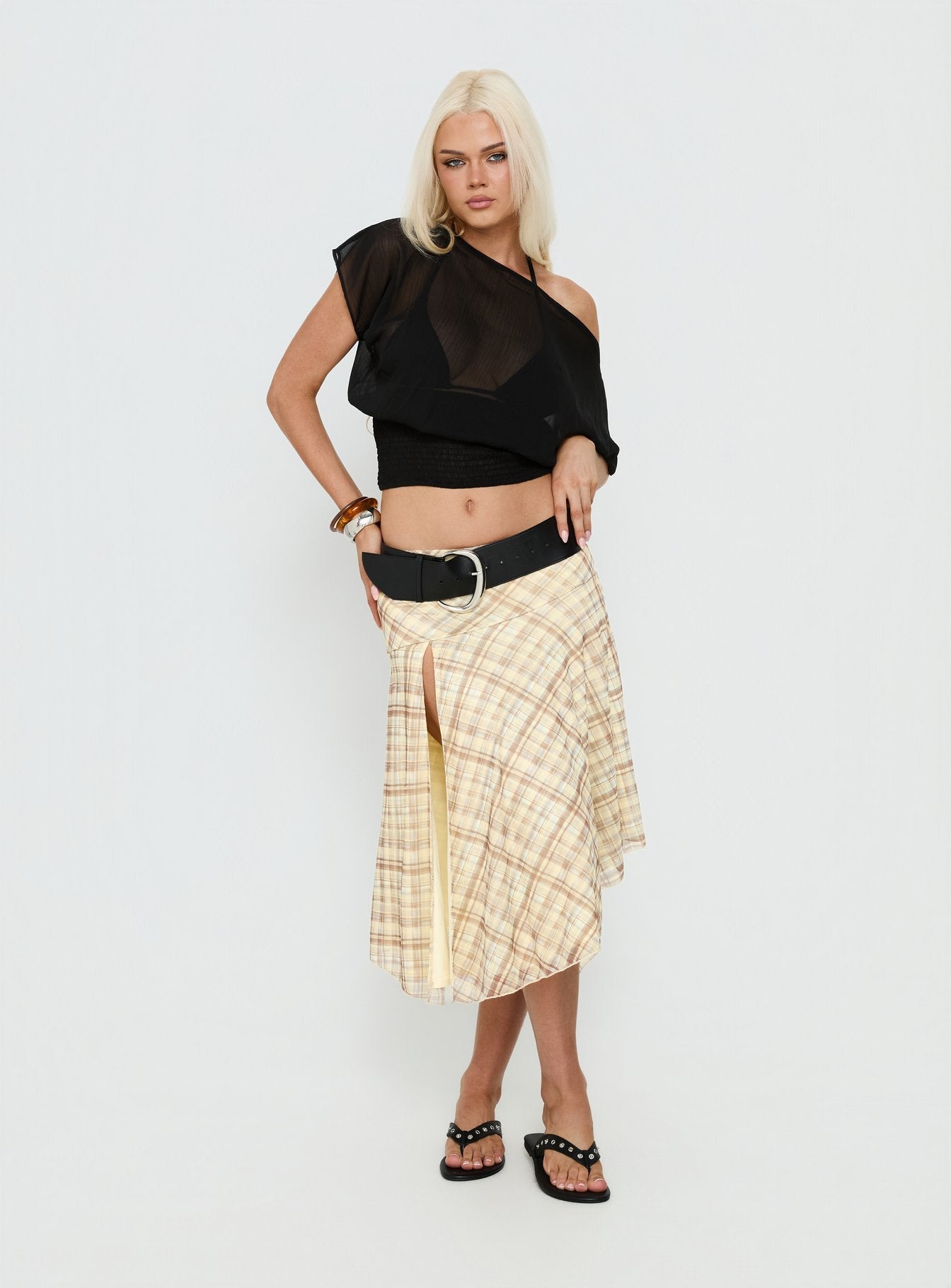 Dulciana High Split Asymmetrical Midi Skirt Multi Check