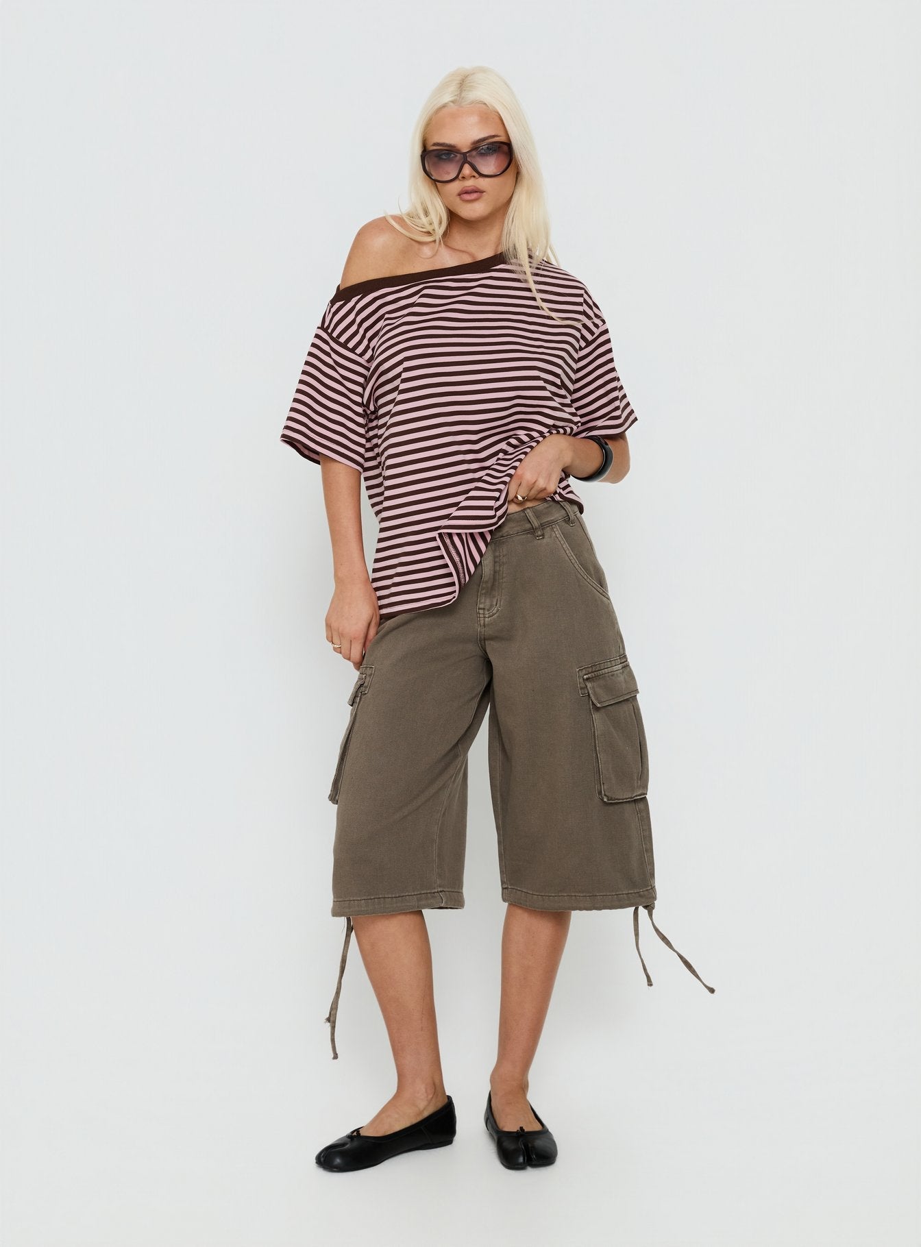 Settle Down One Shoulder Top Pink / Chocolate Stripe