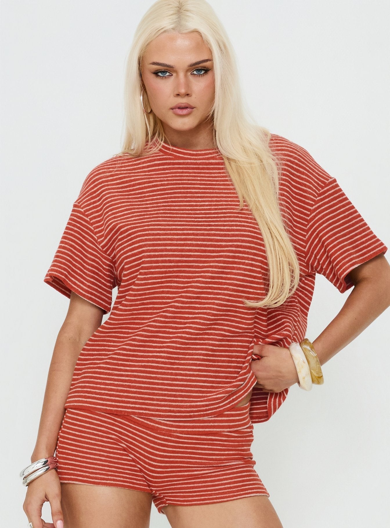 Rubez Terry Towelling Boxy Top Burnt Orange Stripe