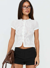 Cypressa Crochet Short Sleeve Top Antique White