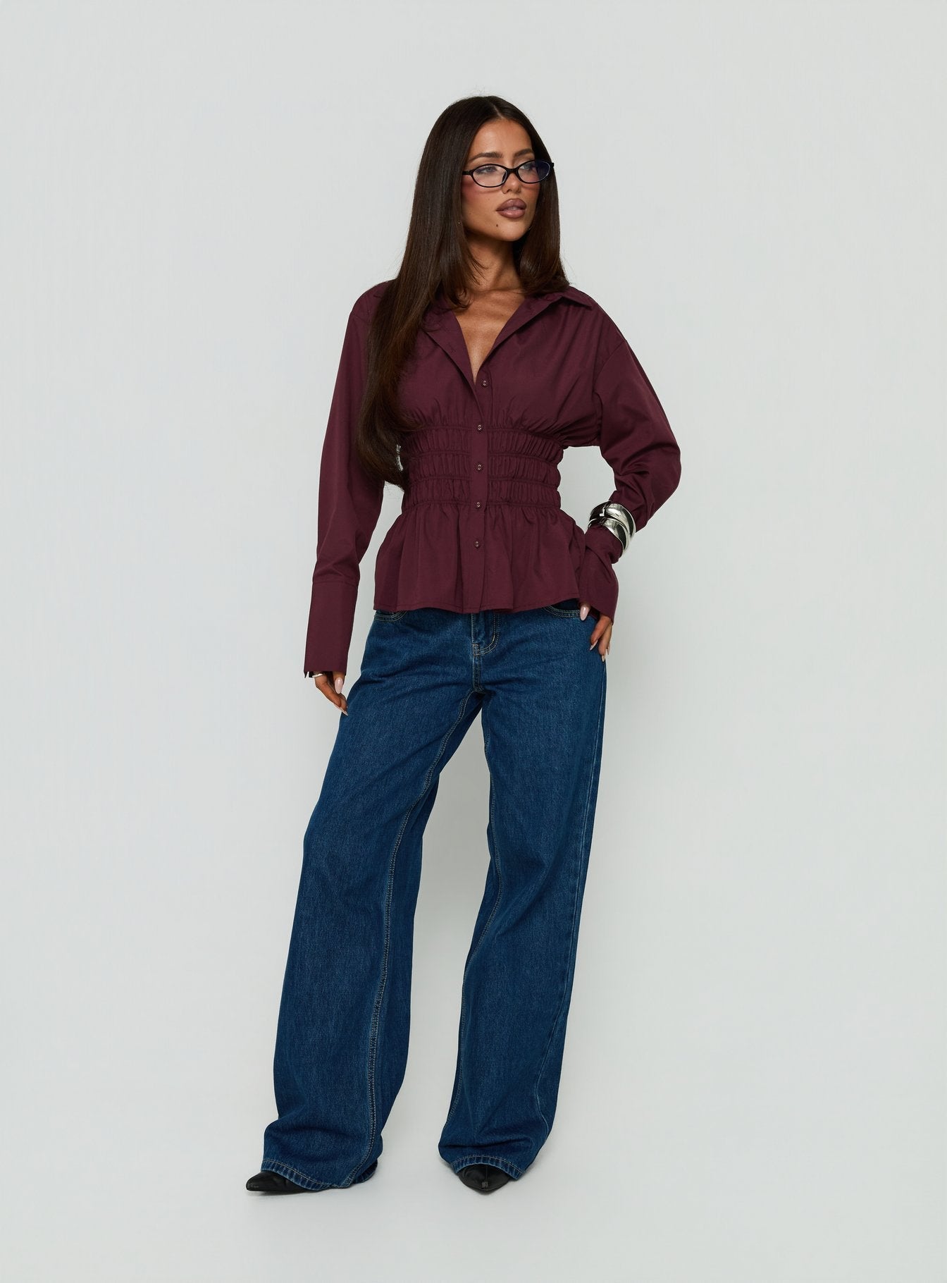 As You Are Shirred Button Up Top Cherry