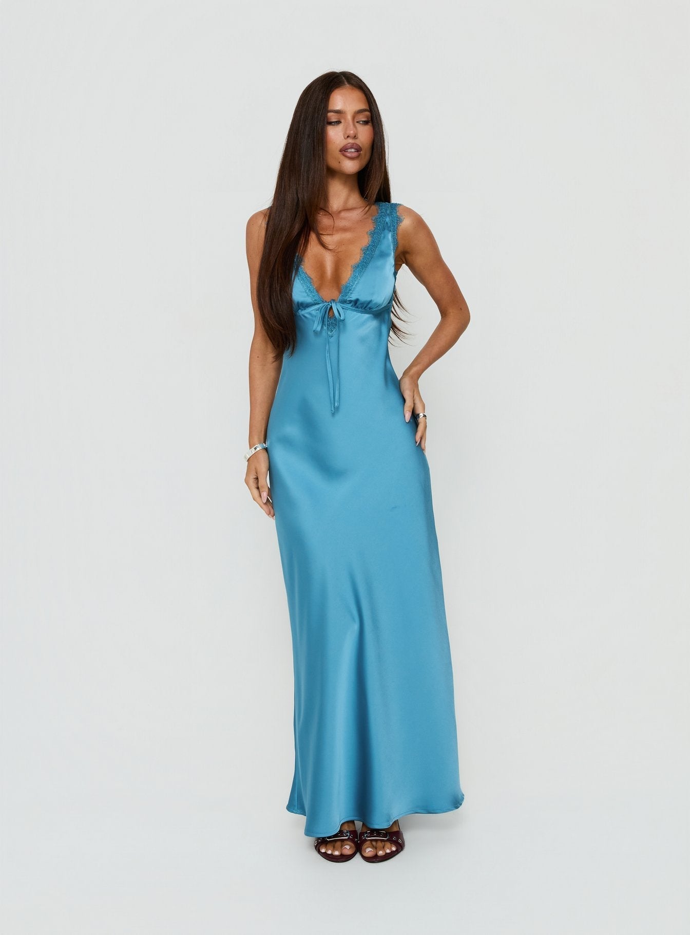 Damelia Tie Detail Lace Trim Maxi Dress Blue