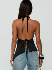 Sanford Satin Asymmetrical Arrowneck Top Black