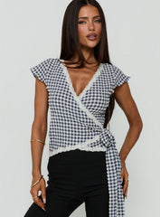 Meltwater Lace Trim Wrap Detail Top Navy Check