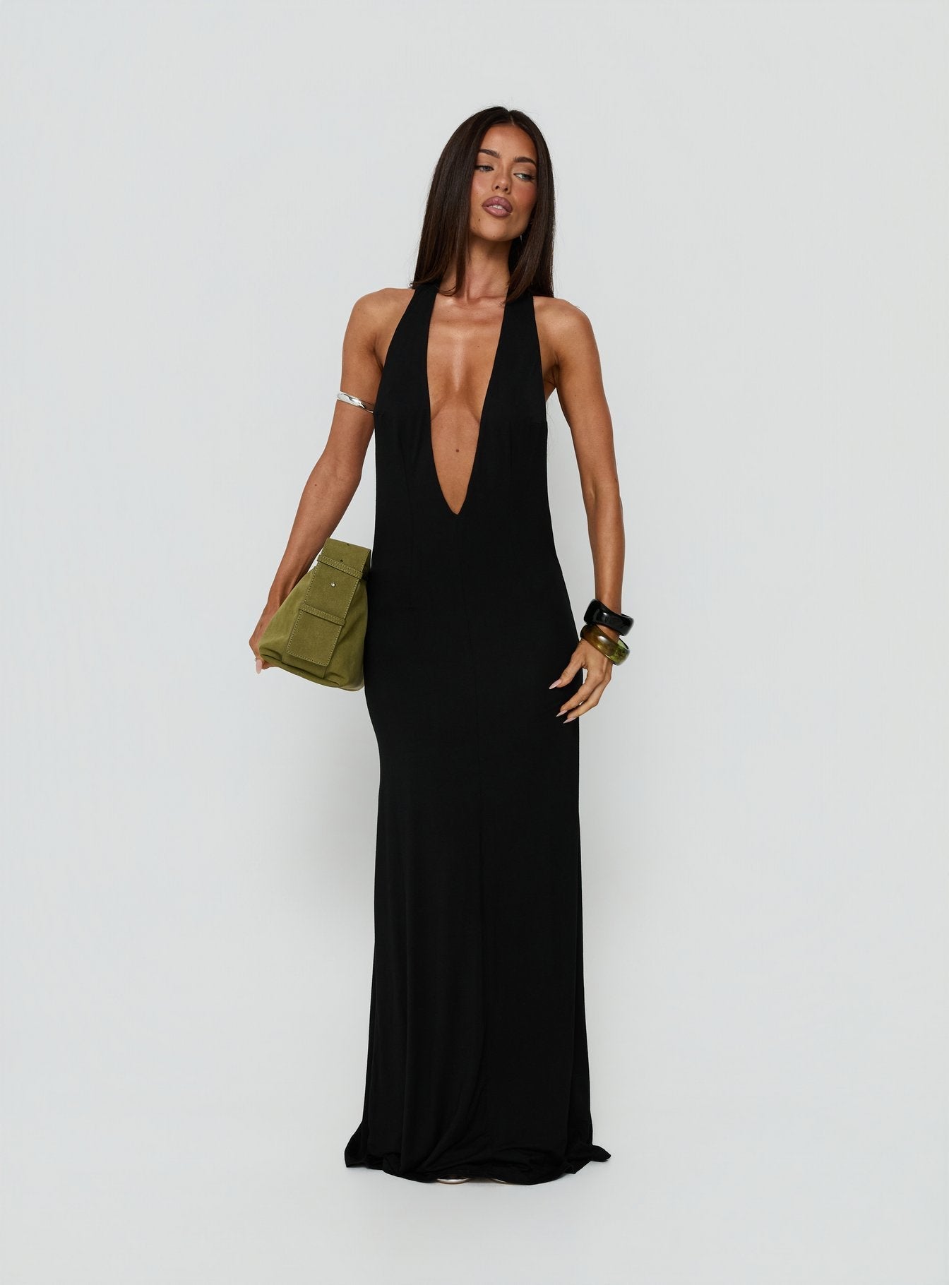 Think About Me Plunge Neck Racerback Maxi Dress Black