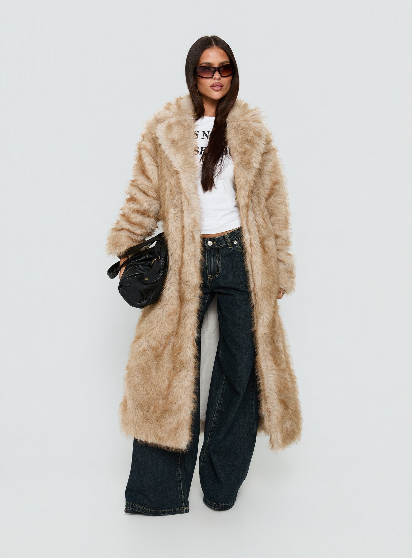 End Of Beginning Faux Fur Longline Jacket Beige