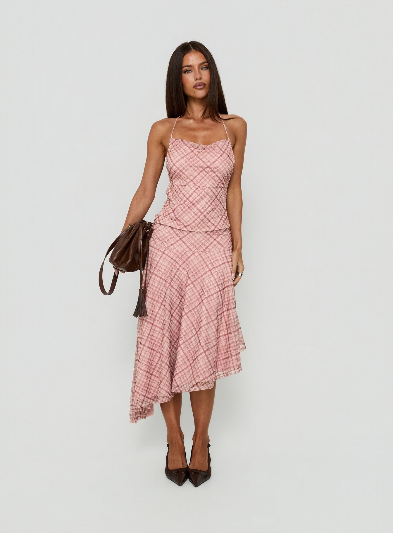 Waverlee Asymmetrical Midi Skirt Pink Check