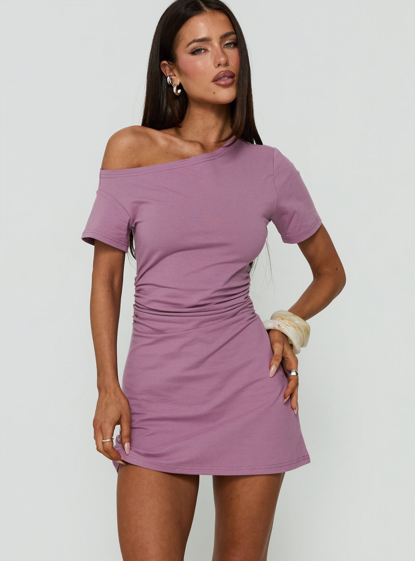 Avriana Off Shoulder T-Shirt Mini Dress Purple