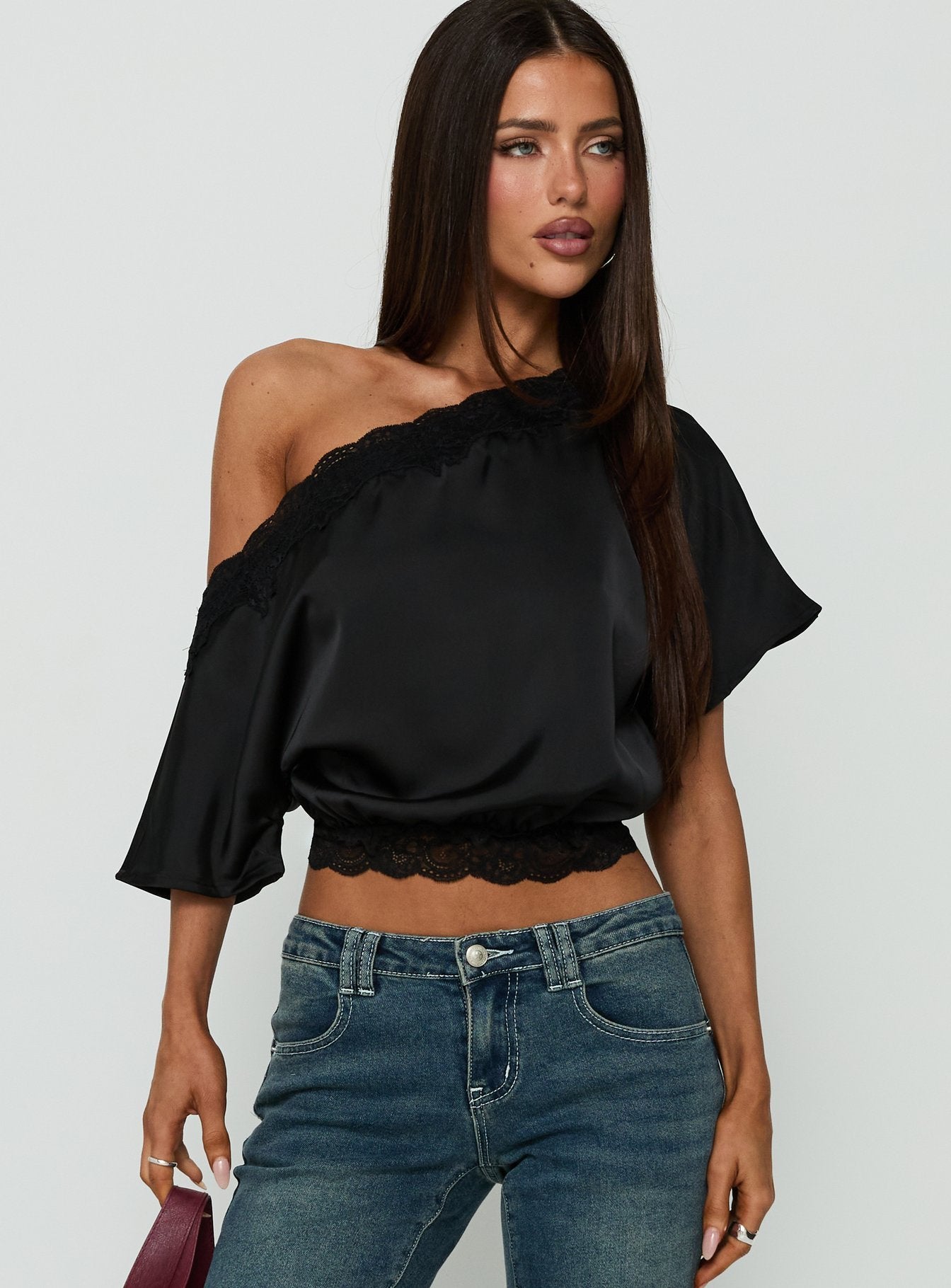 Full Send Off Shoulder Lace Trim Top Black