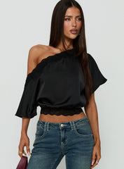 Full Send Off Shoulder Lace Trim Top Black