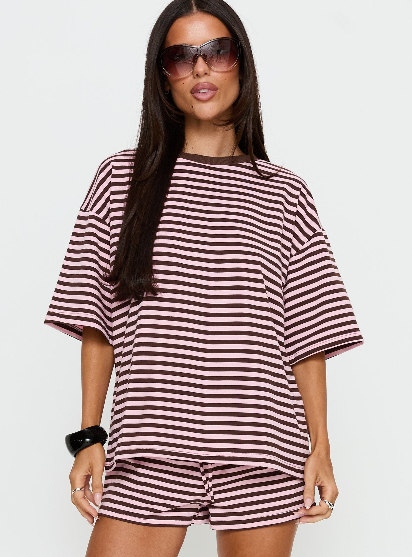 Settle Down Short Sleeve Top Pink / Brown Stripe