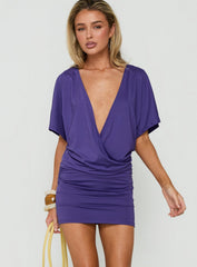 Ameria Plunge Cross Front Short Sleeve Mini Dress Violet