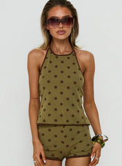 Speranza High Neck Halter Top Green Polka Dot