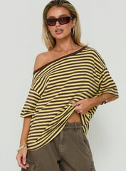 Settle Down One Shoulder Top Yellow / Chocolate Stripe