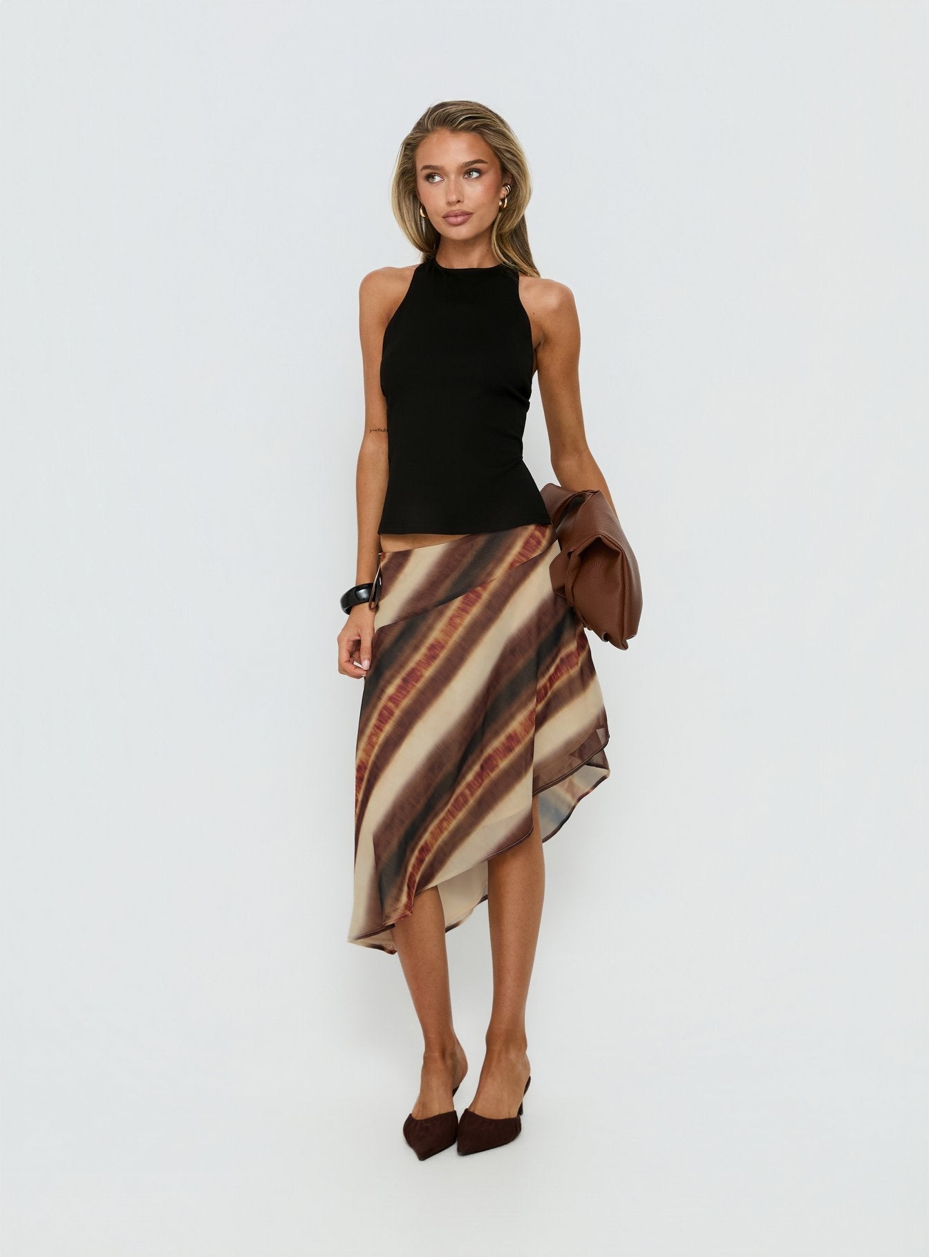 Esmira Asymmetrical Midi Skirt Brown Stripe