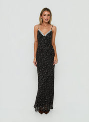 Alasia Lace Trim V Neck Maxi Dress Black Floral
