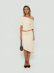 Sezzia Ruched Asymmetrical Midi Skirt Beige
