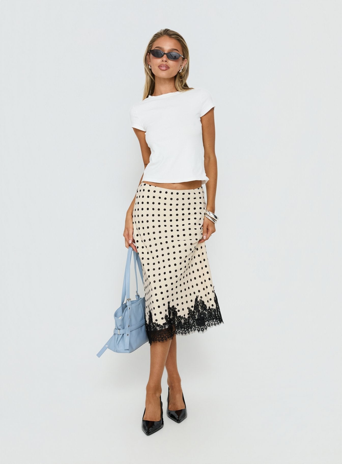 Downtown Scene Lace Trim Maxi Skirt Cream Polka