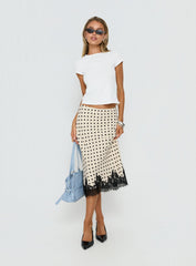 Downtown Scene Lace Trim Maxi Skirt Cream Polka