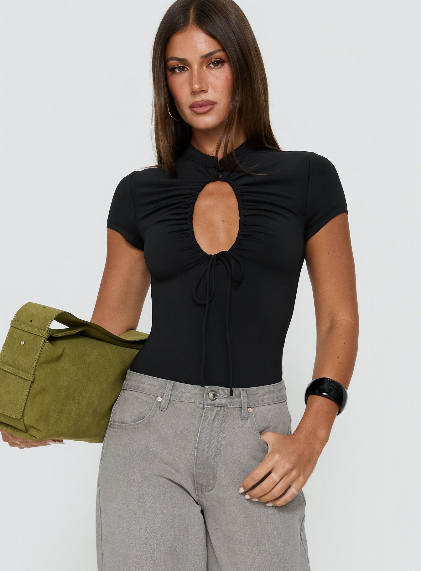 Maeci Ruched Tie Detail Bodysuit Black