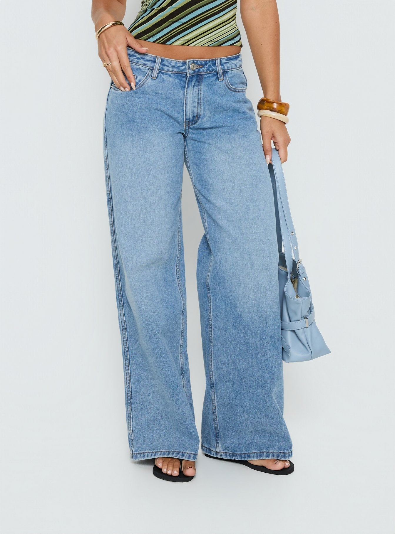 Ramos Low Rise Wide Leg Denim Jeans Bright Blue Wash
