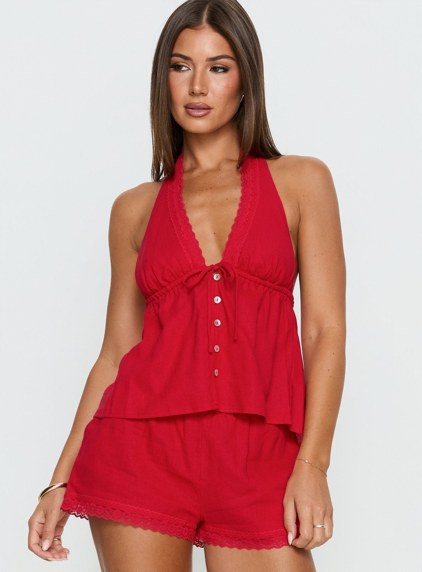 Cloud Crush Linen Halter Top Red