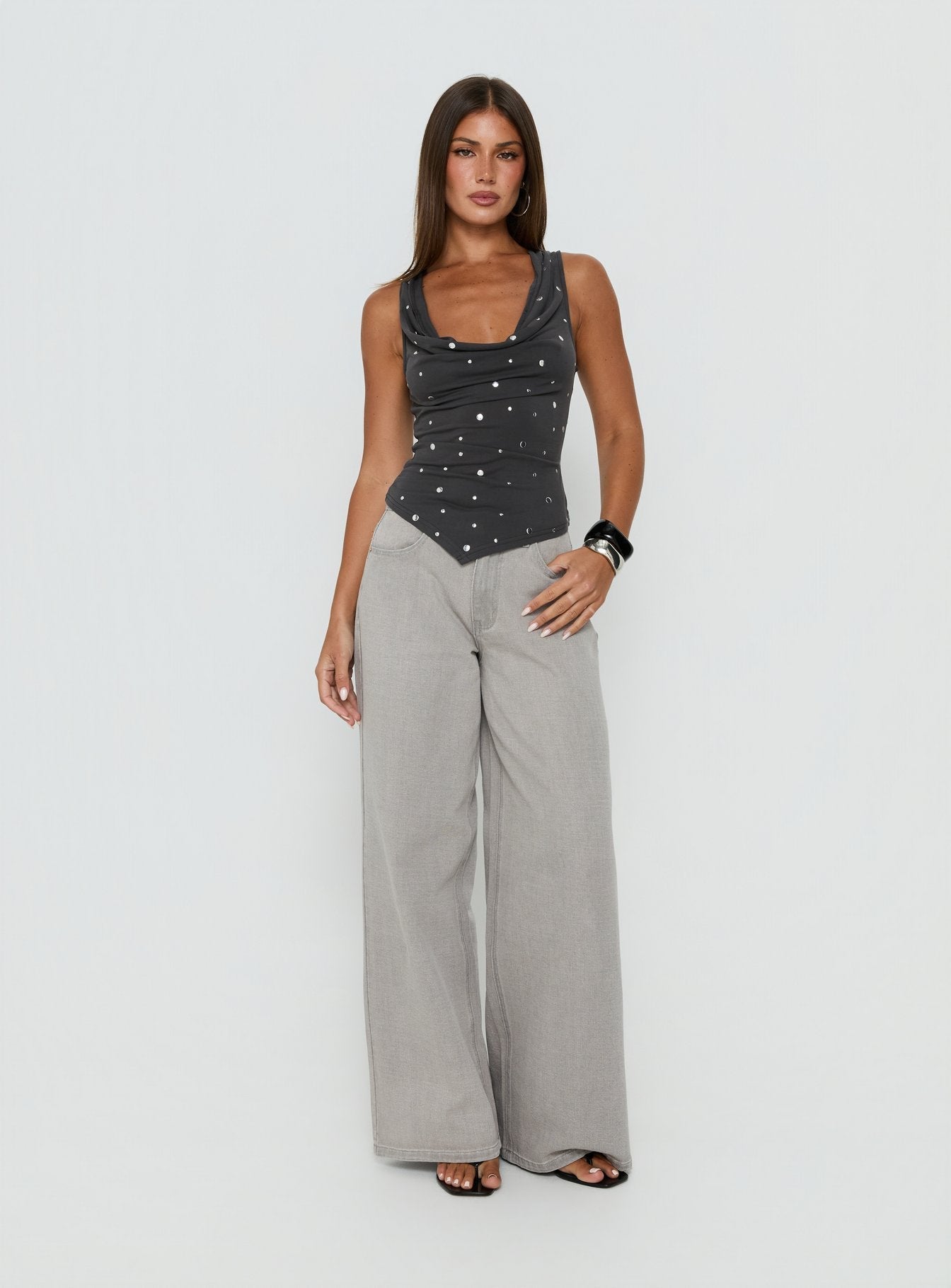 Quiet Confidence Studded Cowl Neck Top Grey