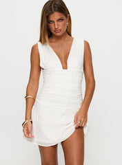 Everelle Ruched Embroidered Mini Dress White