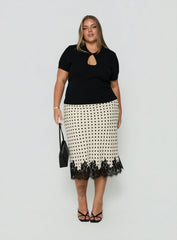 Downtown Scene Lace Trim Maxi Skirt Cream Polka Curve