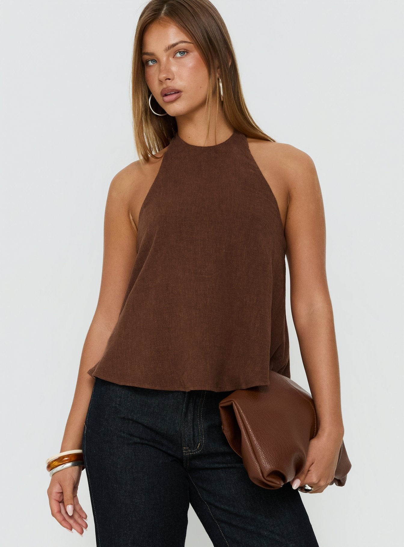 Aquaria Halter Linen Blend Top Chocolate