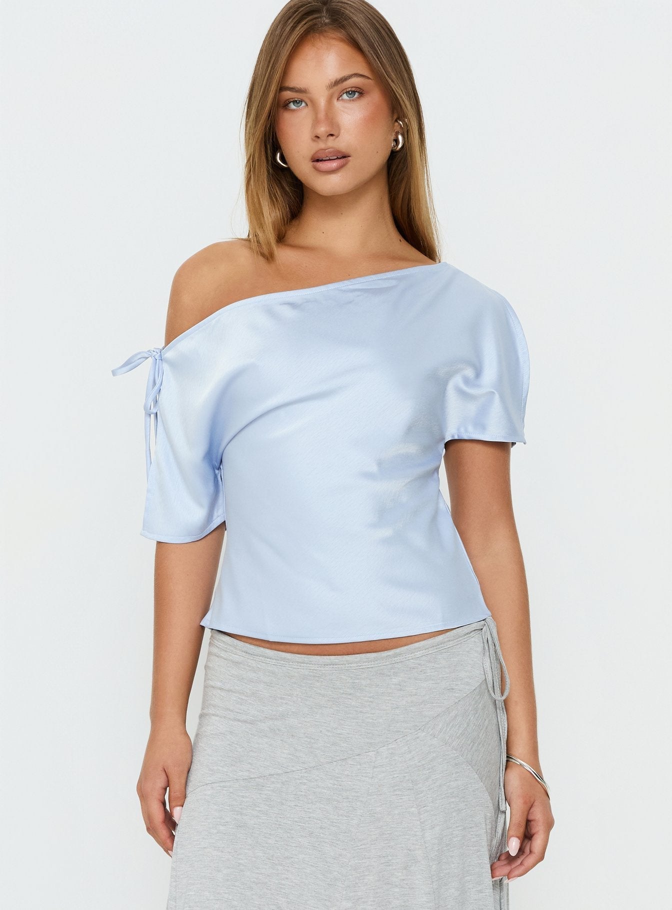 Faisa Off Shoulder Satin Top Powder Blue