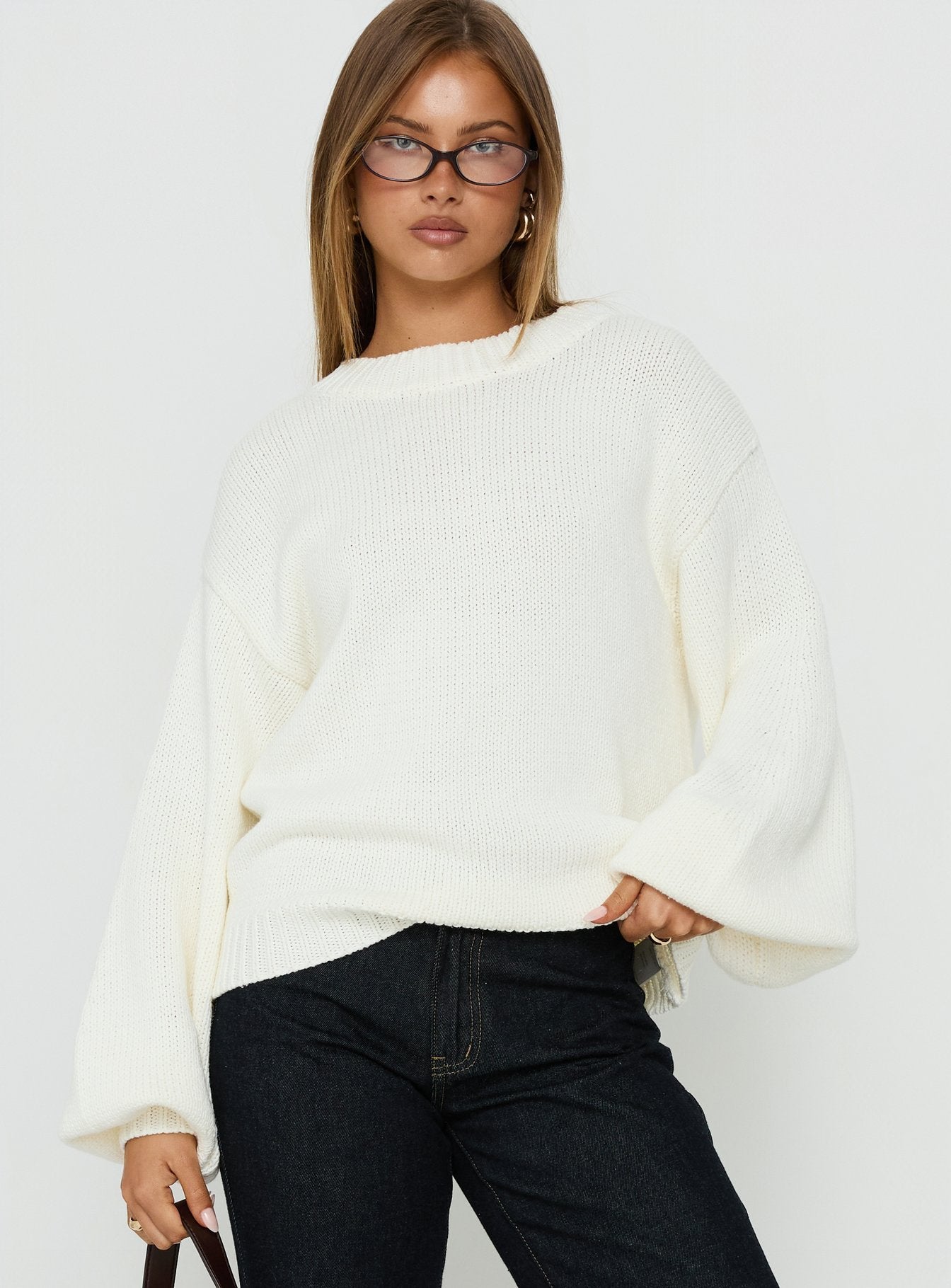 Harmony Balloon Sleeve Knit Sweater White