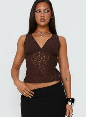 Aydinn Lace Plunge Neck Top Brown