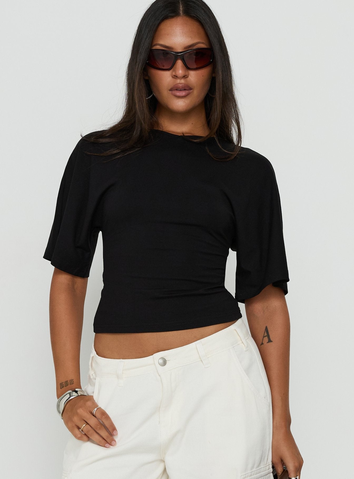 Nakota V Neck Cinched Tee Black