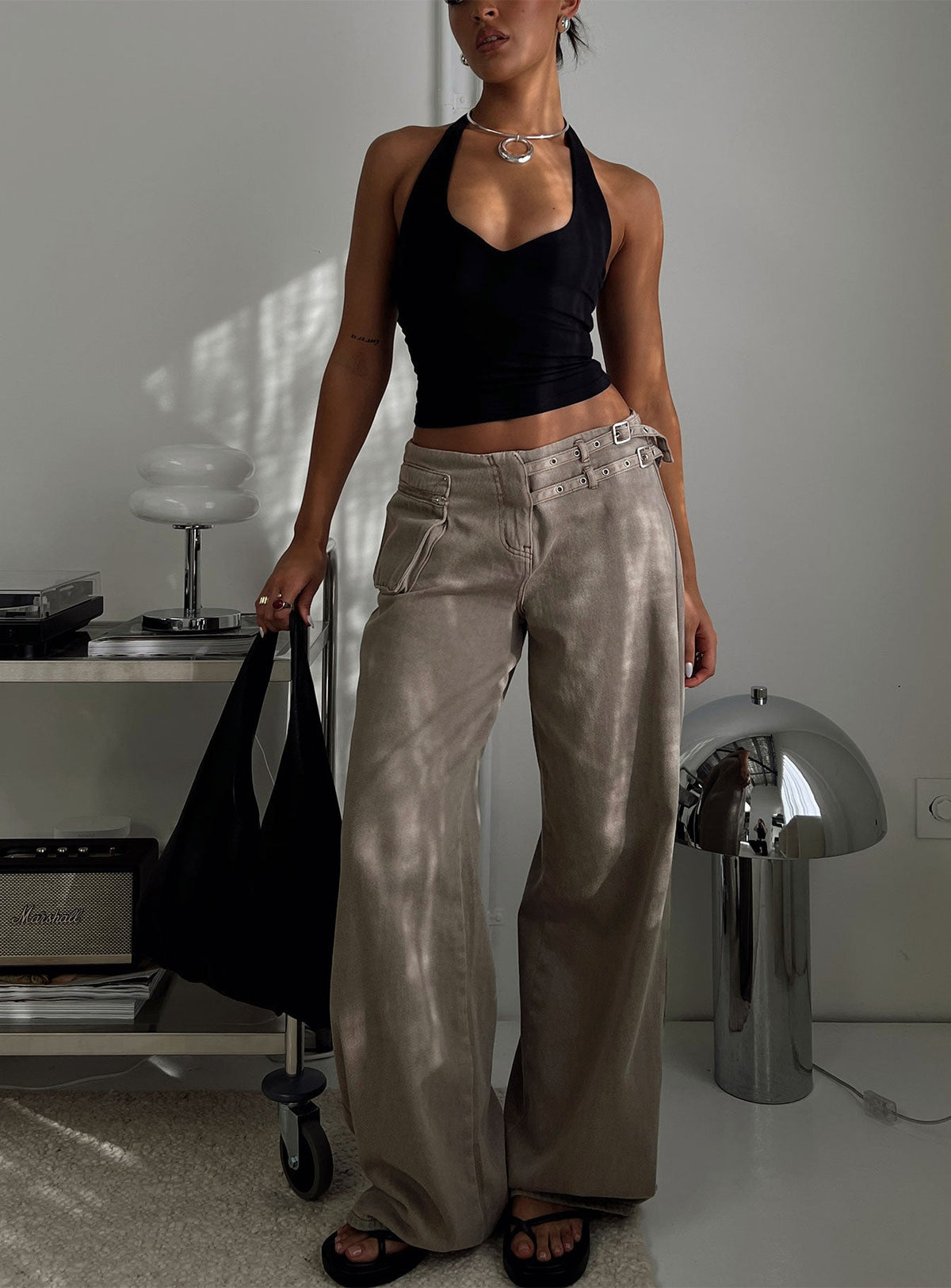 Paltrow Mid Rise Wide Leg Cargo Jeans Washed Brown
