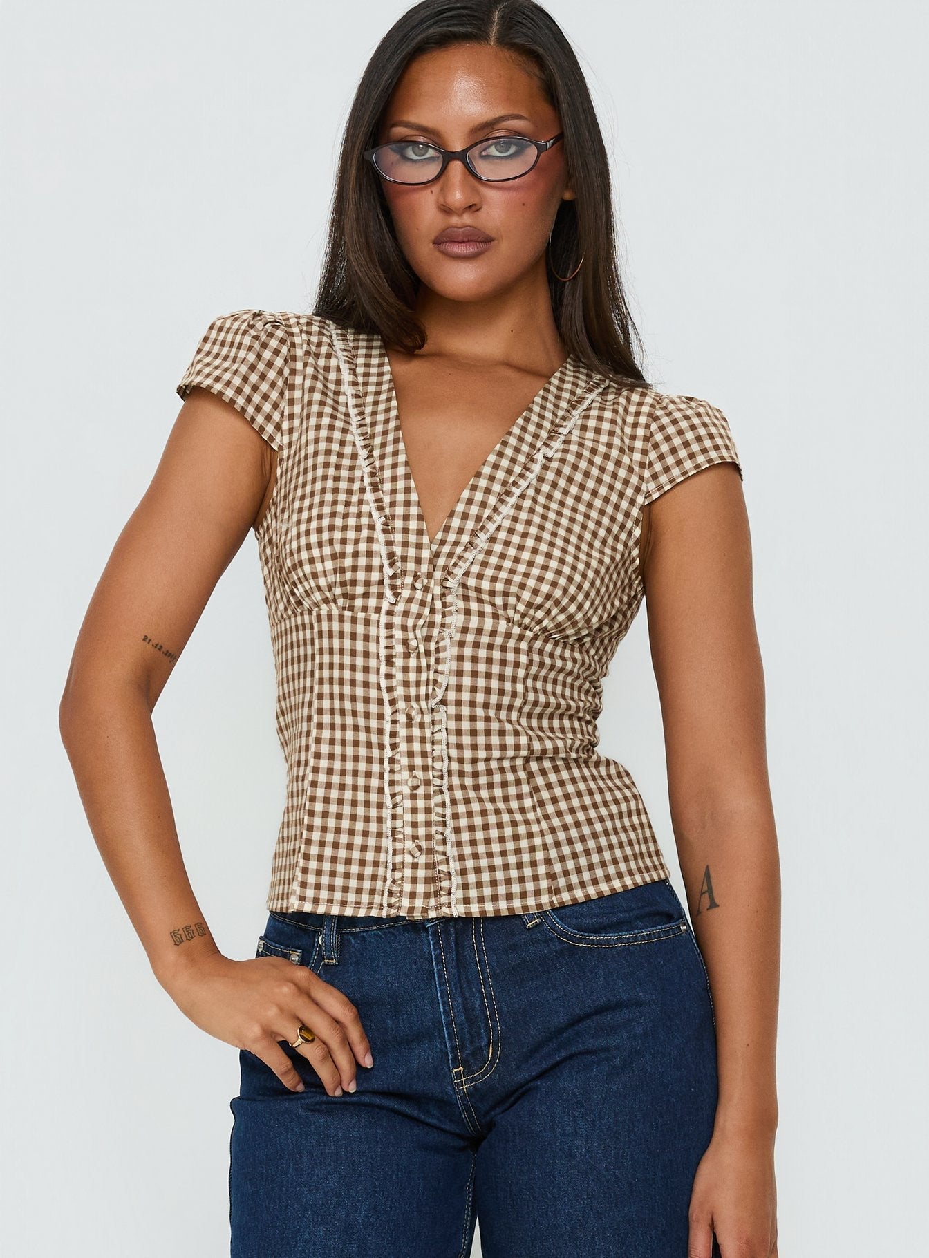 Bradlie Frill Detail Short Sleeve Blouse Top Chocolate Gingham