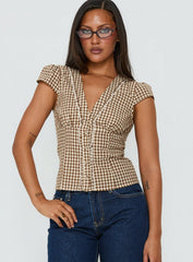 Bradlie Frill Detail Short Sleeve Blouse Top Chocolate Gingham