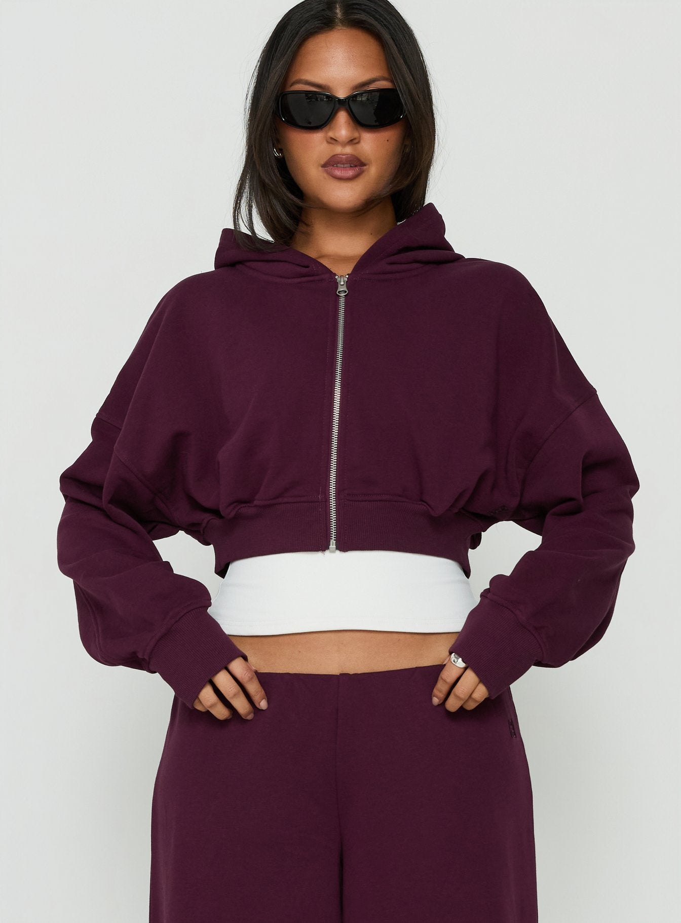 Lanna Fleece Zip Through Cropped Hoodie Plum