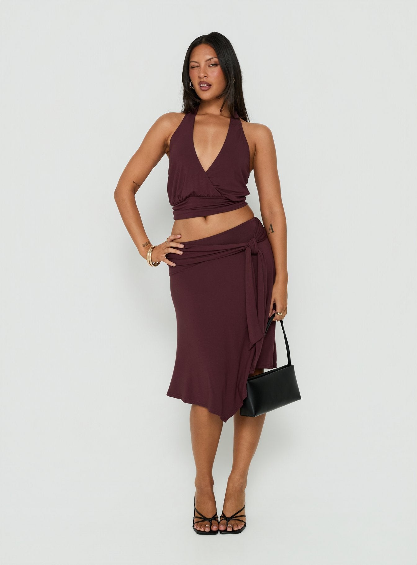 Soft Focus Tie Waist Midi Skirt Plum Noir