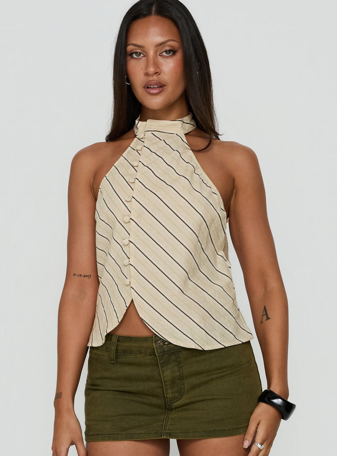 Iggya Button Detail High Neck Top Beige Stripe