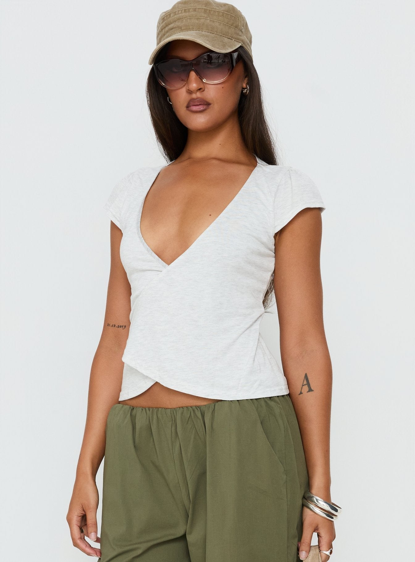 Stefanee Short Sleeve Wrap Top Light Grey Marle