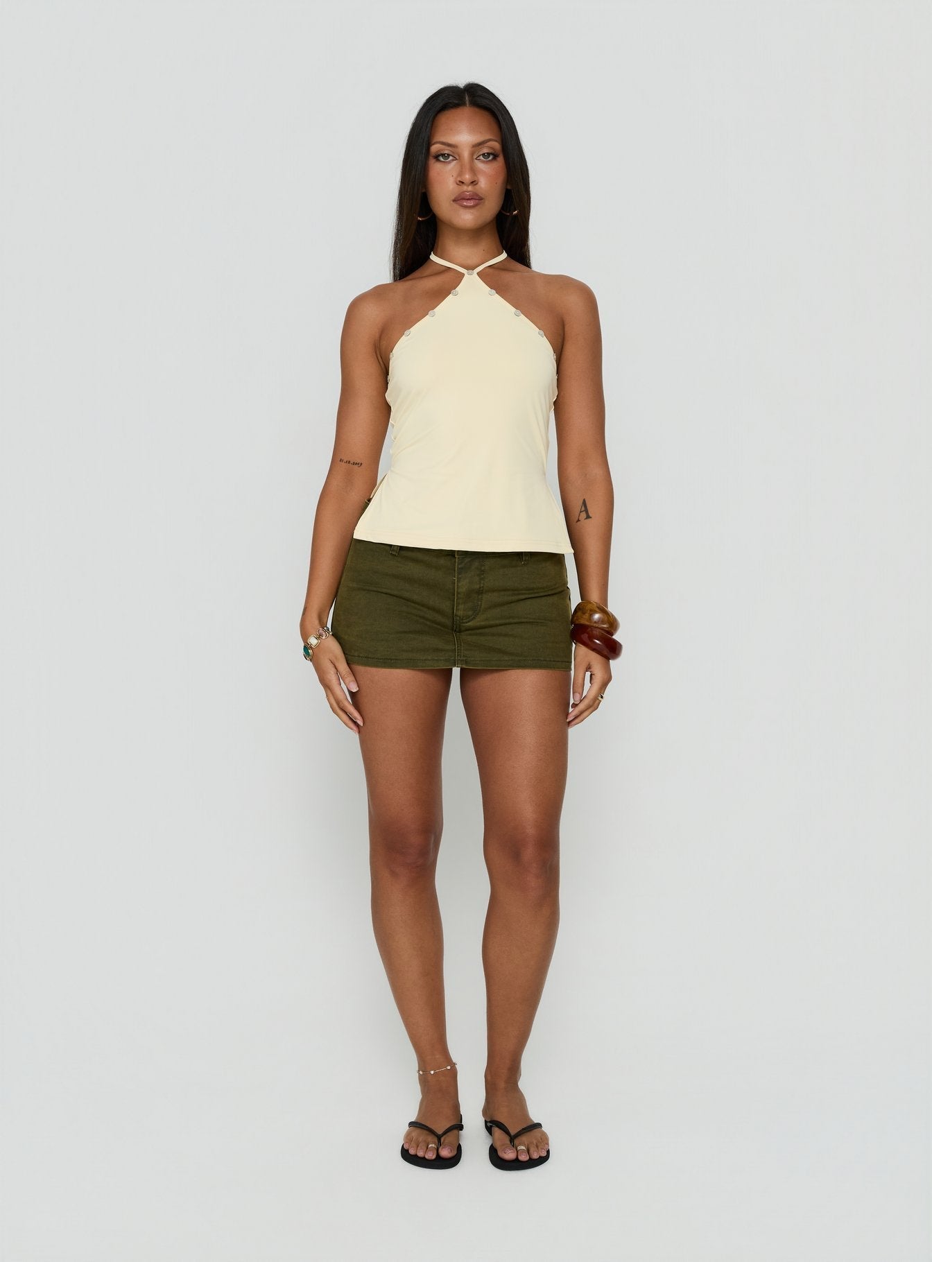 Eiva Arrowneck Button Detail Top Lemon