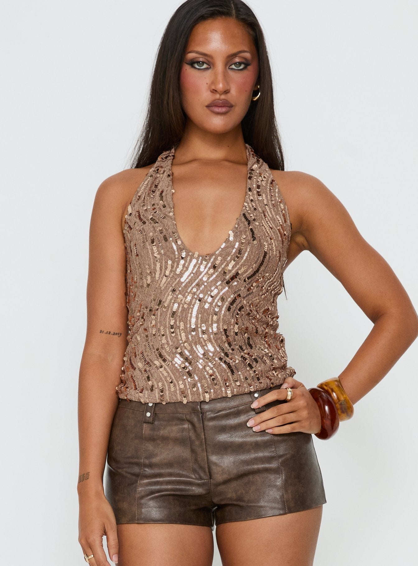 Slone Sequin Halter Top Gold Shimmer