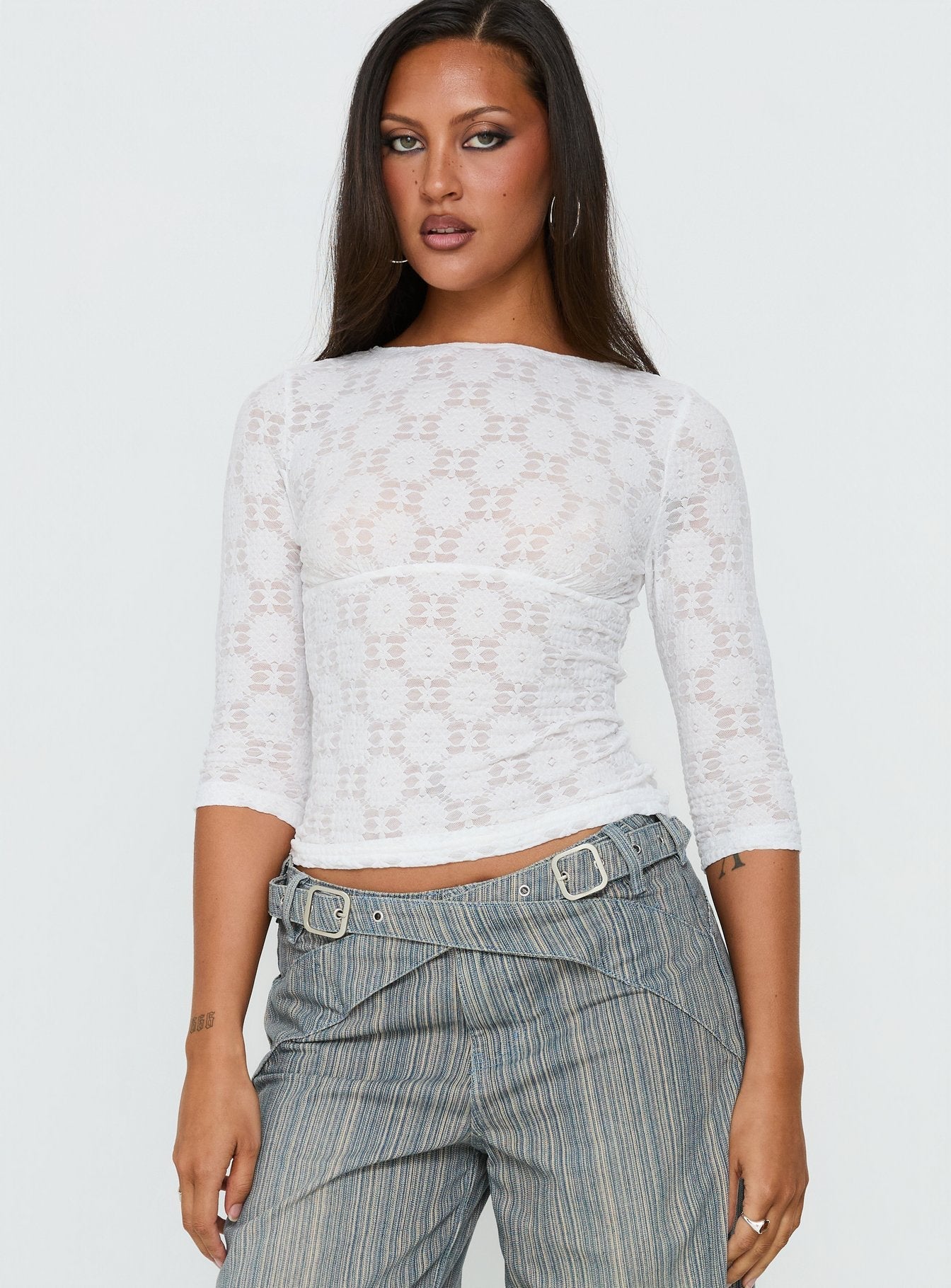 Seraphim Textured 3/4 Sleeve Top White