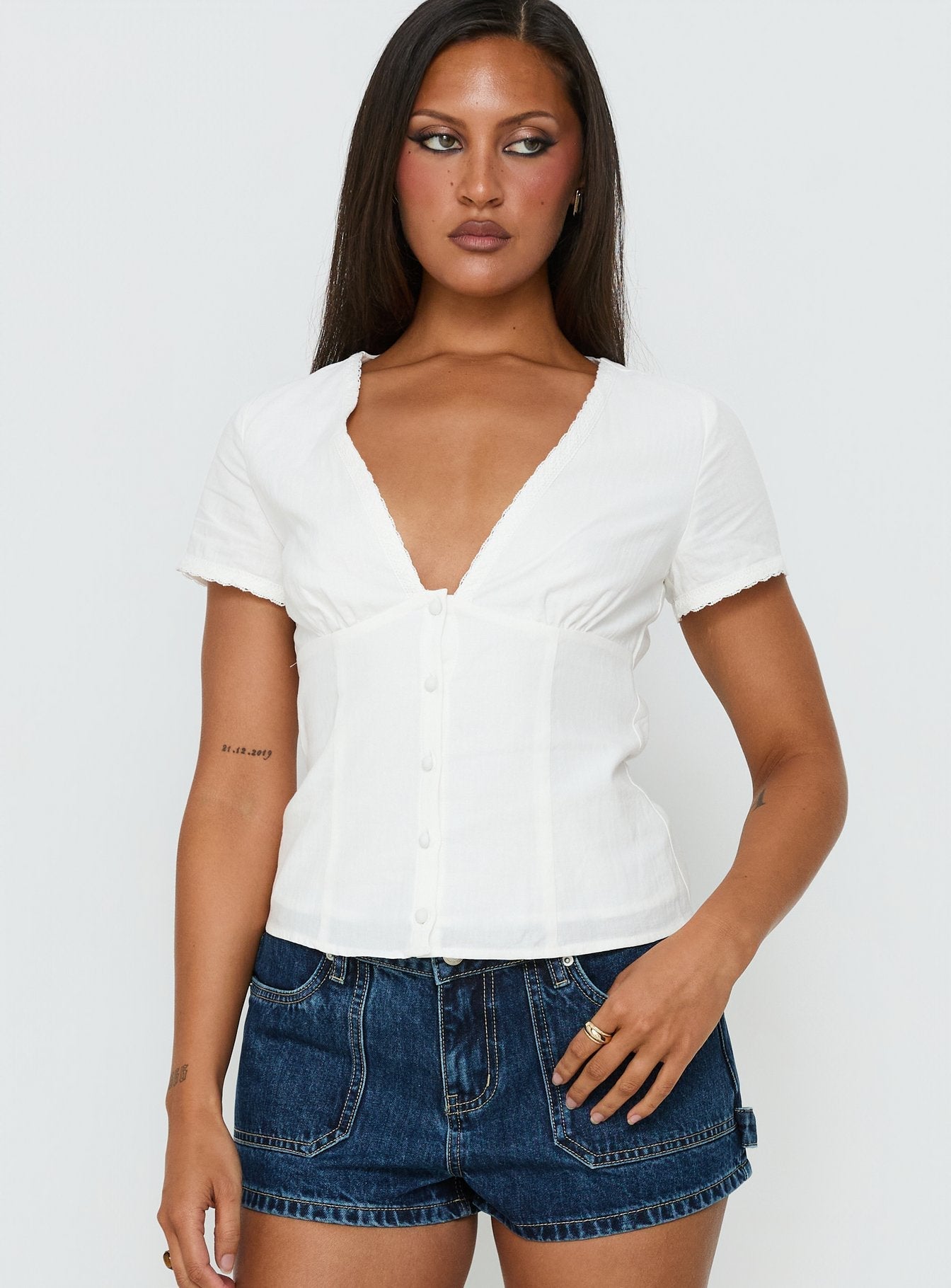 Small Fortune Lace Trim Short Sleeve Blouse Top White