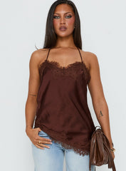 Cosetta Lace Trim Asymmetrical Cami Top Chocolate