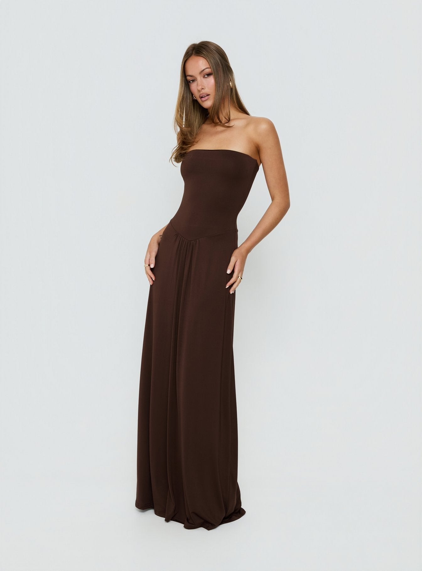 Ophal Strapless Drop Waist Maxi Dress Brown